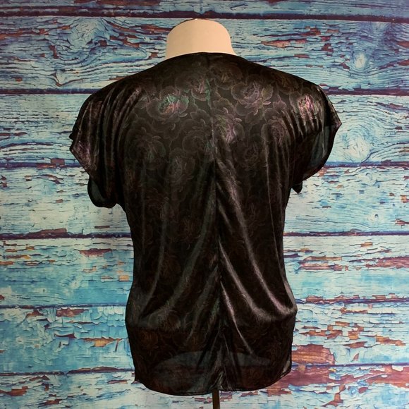 Vintage Ace of Hearts Floral Short Sleeved Shiny Blouse - Picture 2 of 8